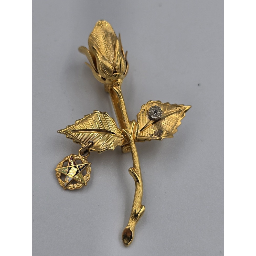 Vintage Gold Tone Rose Brooch Pin Order of the Eastern Star OES Enamel Charm